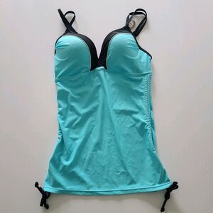 Free Country Women's Aqua Blue Black Tankini Swim Top Padded Underwire Sz Small